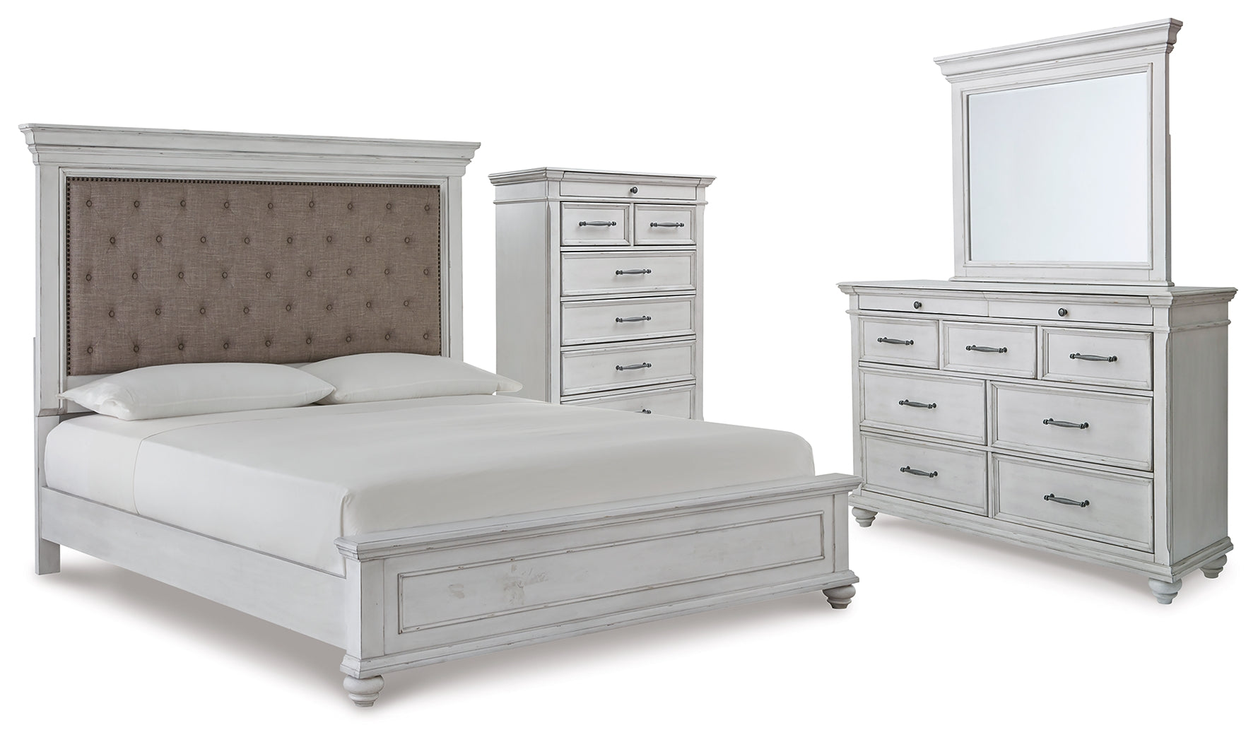 Kanwyn Whitewash King Upholstered Panel Bed, Dresser, Mirror and Chest - B777B18