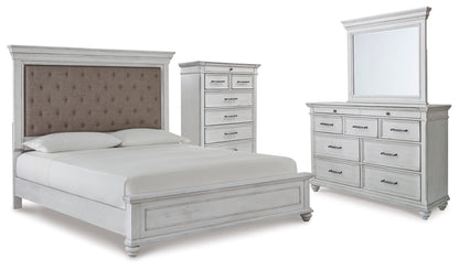 Kanwyn Whitewash King Upholstered Panel Bed, Dresser, Mirror and Chest - B777B18