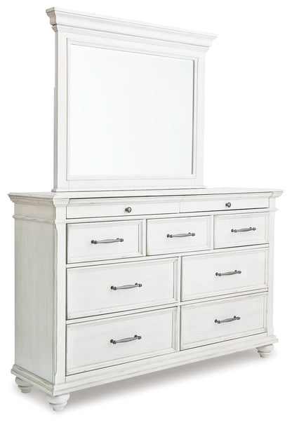 Kanwyn Whitewash King Upholstered Panel Bed, Dresser, Mirror and Chest - B777B18