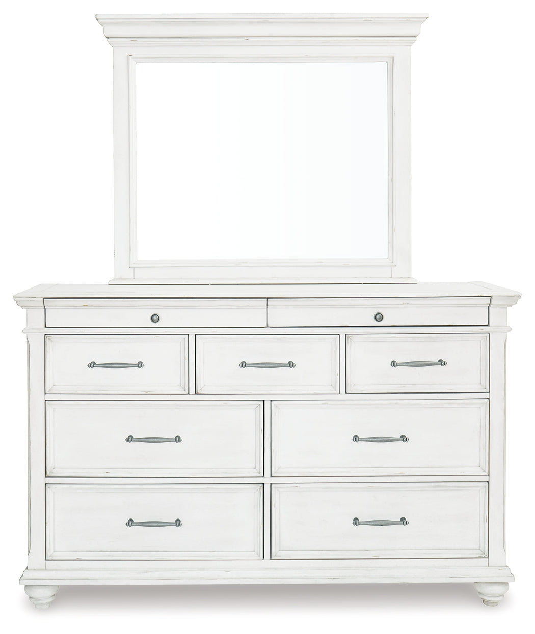 Kanwyn Whitewash King Upholstered Panel Bed, Dresser, Mirror and Chest - B777B18