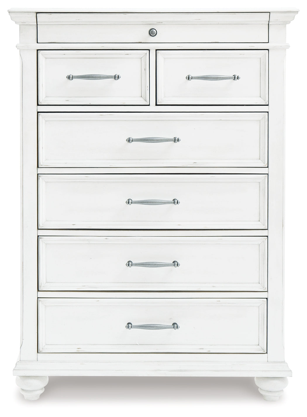 Kanwyn Whitewash King Upholstered Panel Bed, Dresser, Mirror and Chest - B777B18