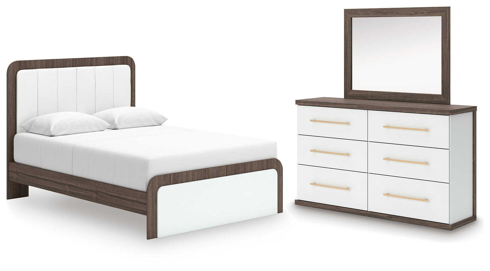 Kendanport Queen Upholstered Platform Bed, Dresser and Mirror - PCB1108B3
