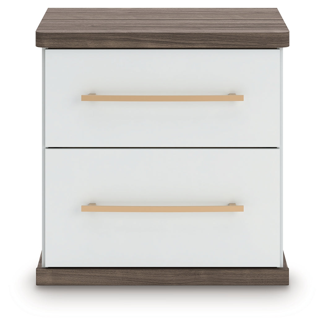 Kendanport White/Brown King Upholstered Bed, Dresser and Nightstand - PCB1108B11