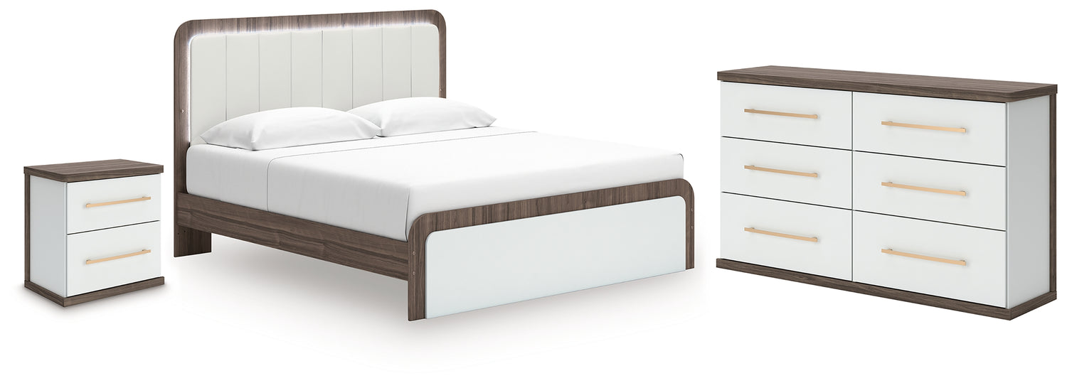 Kendanport White/Brown King Upholstered Bed, Dresser and Nightstand - PCB1108B11