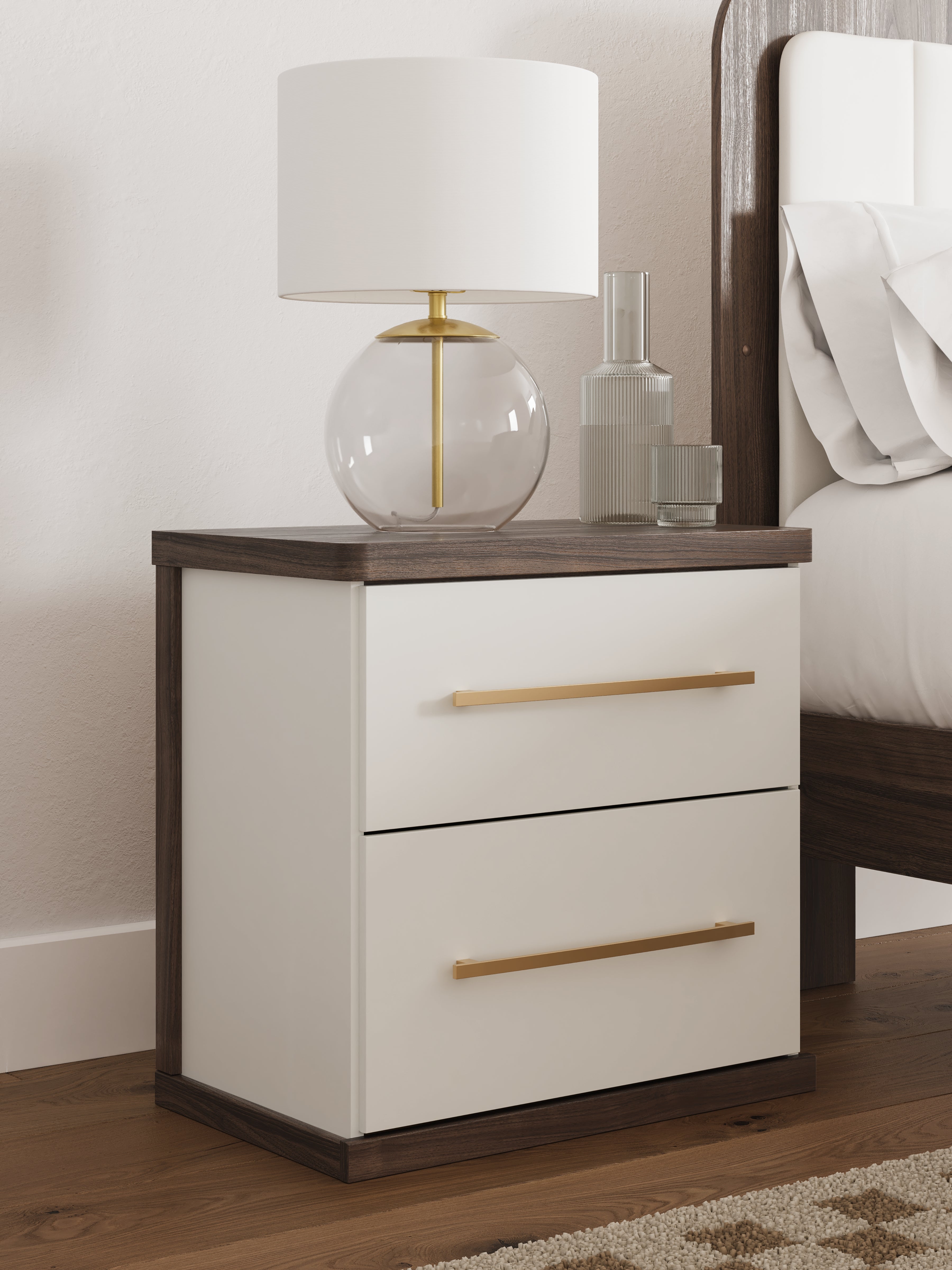 Kendanport White/Brown King Upholstered Bed, Dresser and Nightstand - PCB1108B11