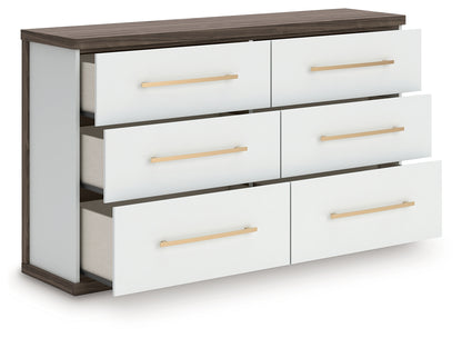 Kendanport White/Brown King Upholstered Bed, Dresser and Nightstand - PCB1108B11