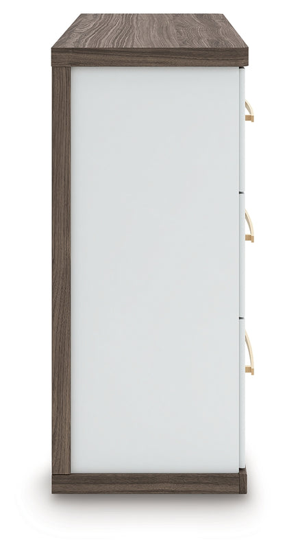 Kendanport White/Brown King Upholstered Bed, Dresser and Nightstand - PCB1108B11