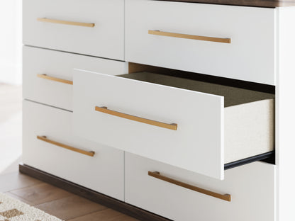 Kendanport White/Brown Queen Upholstered Bed, Dresser and Nightstand - PCB1108B9
