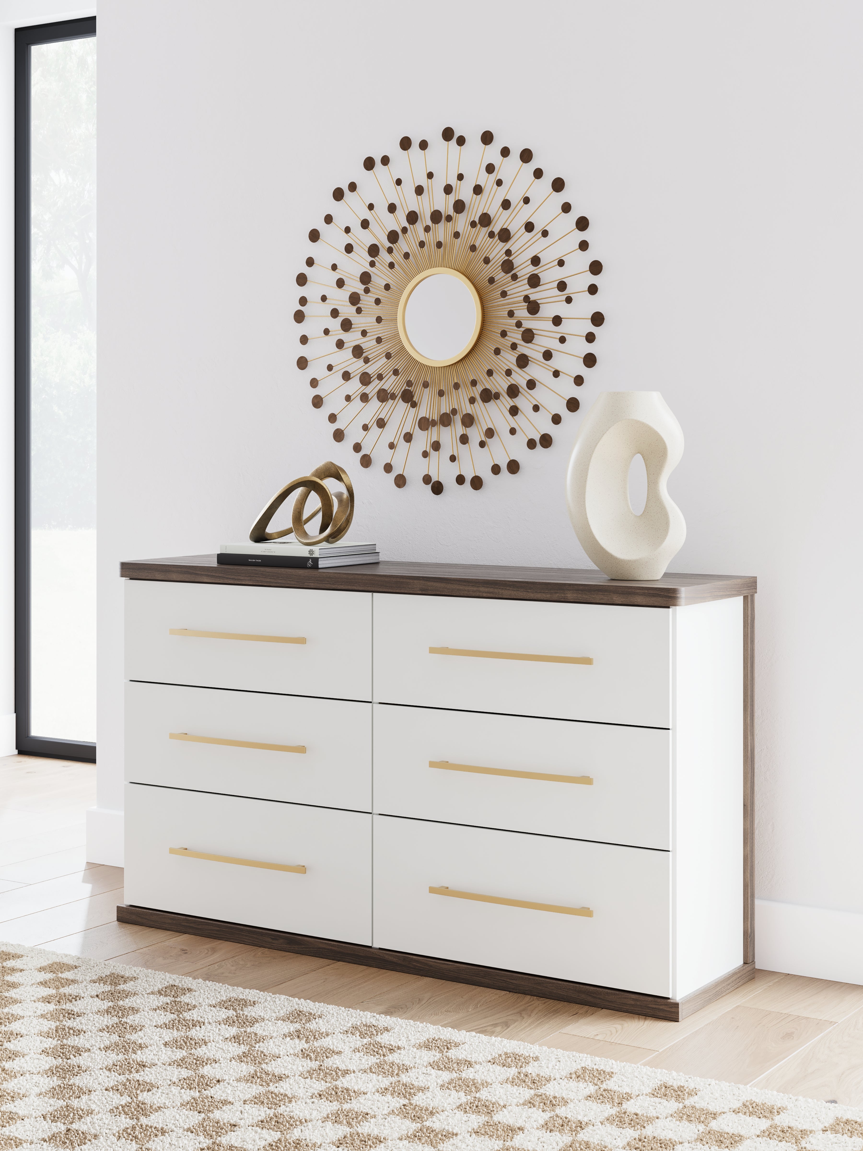 Kendanport White/Brown Queen Upholstered Bed, Dresser and Nightstand - PCB1108B9