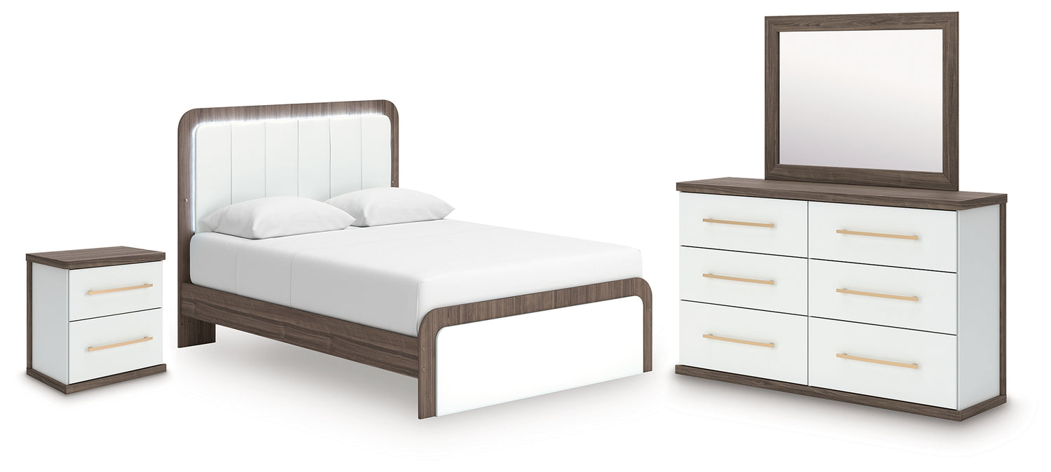 Kendanport White/Brown Queen Upholstered Bed, Dresser, Mirror and Nightstand - PCB1108B10