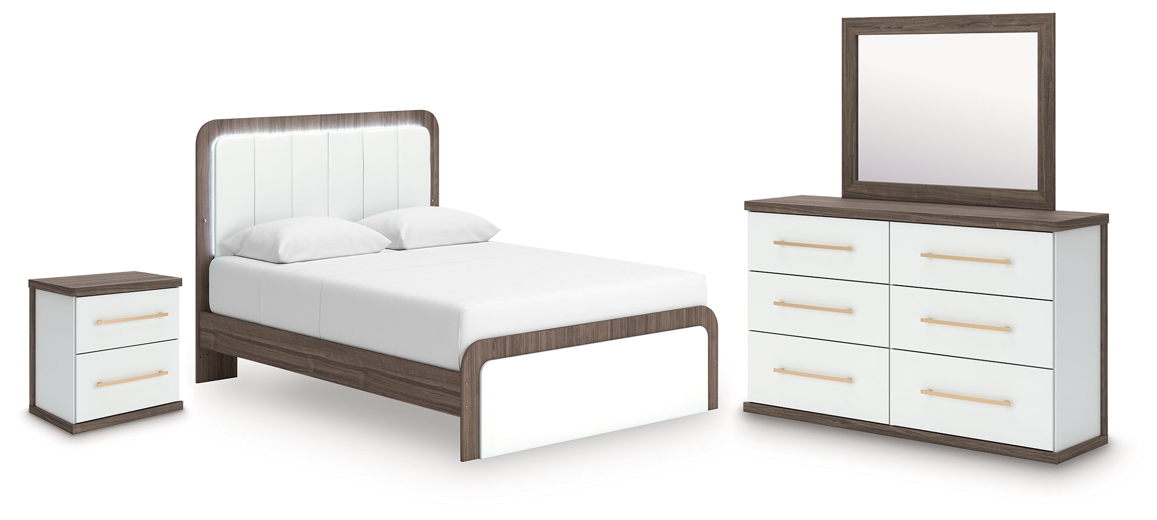 Kendanport White/Brown Queen Upholstered Bed, Dresser, Mirror and Nightstand - PCB1108B10