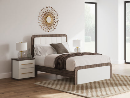 Kendanport White/Brown Queen Upholstered Bed, Dresser, Mirror and Nightstand - PCB1108B10