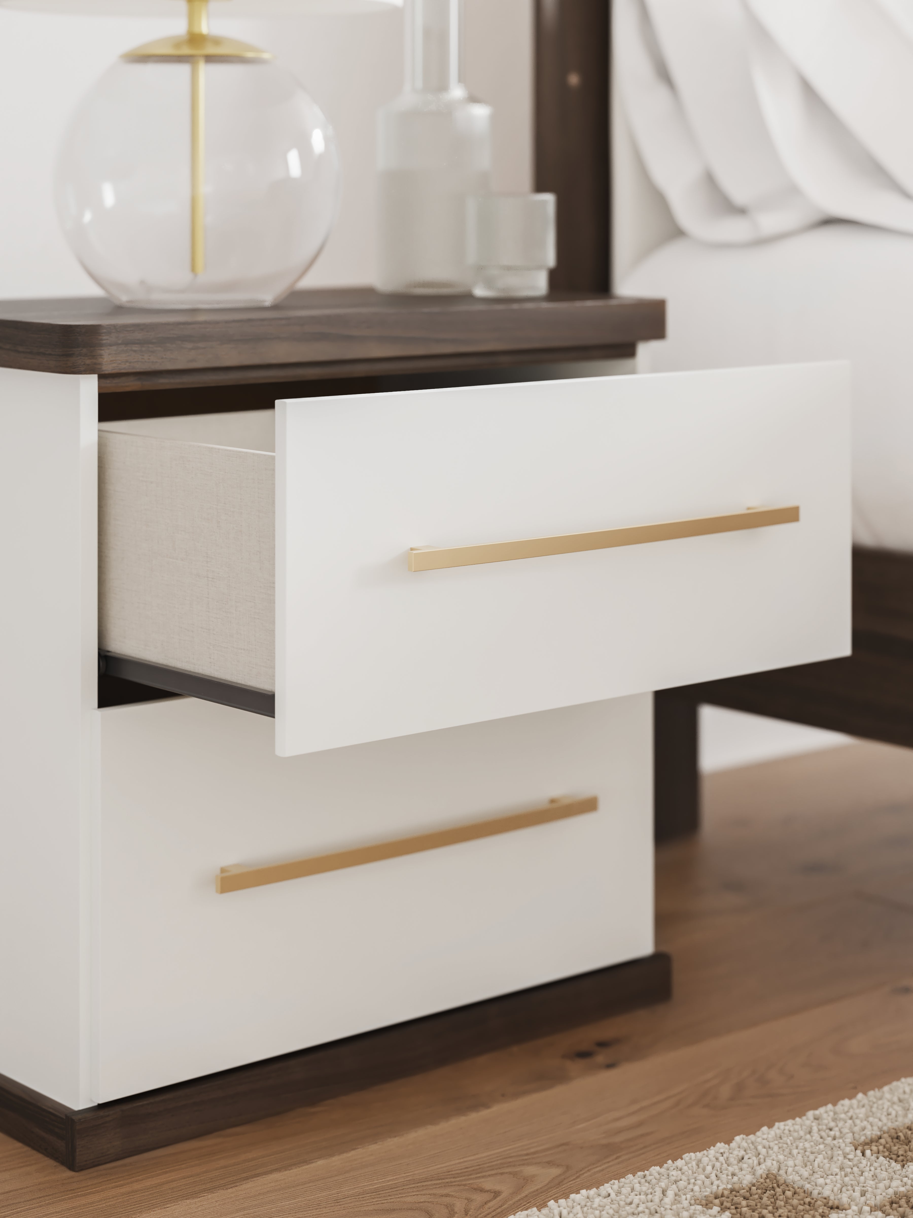 Kendanport White/Brown Queen Upholstered Bed, Dresser, Mirror and Nightstand - PCB1108B10