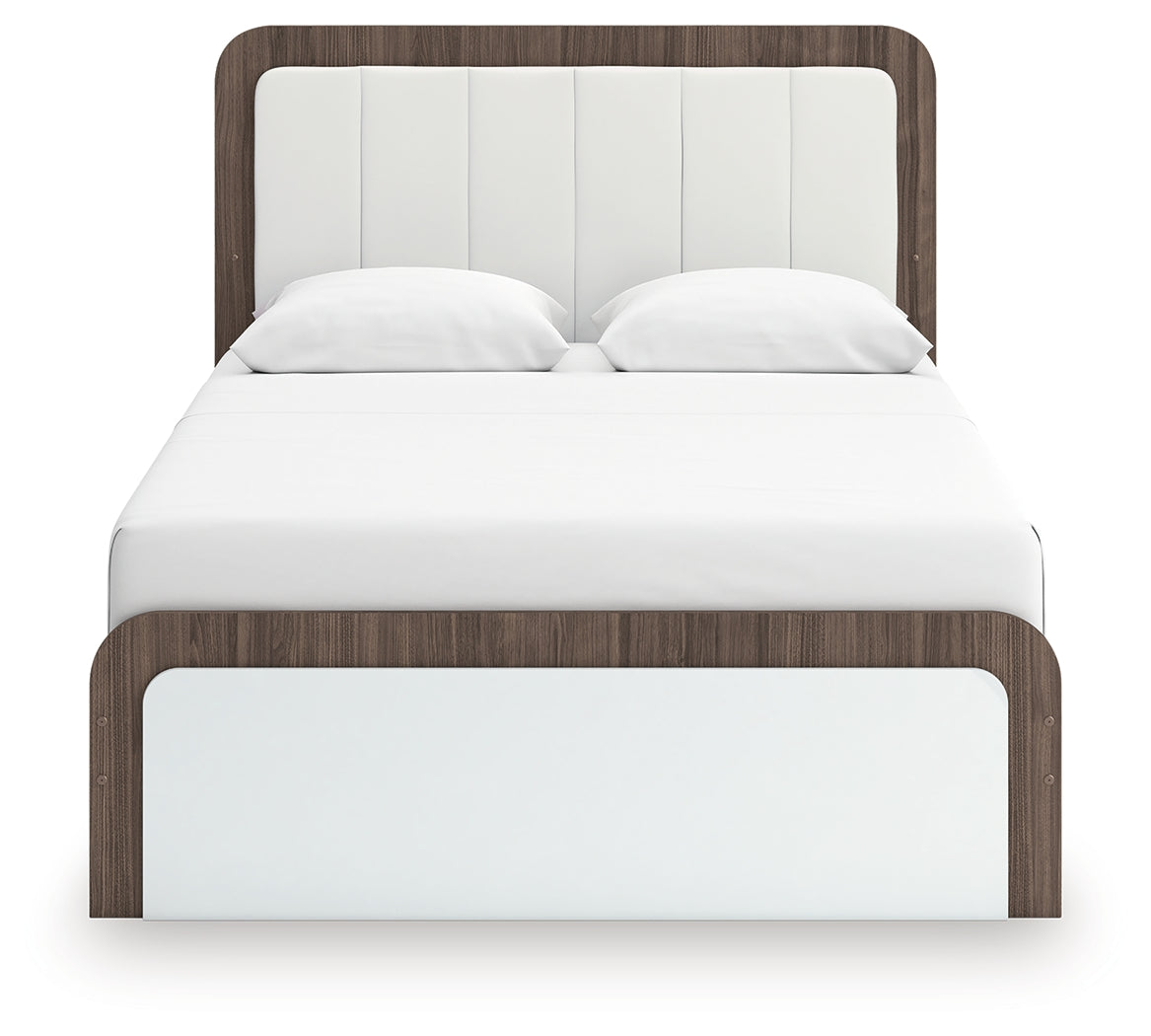 Kendanport White/Brown Queen Upholstered Bed, Dresser, Mirror and Nightstand - PCB1108B10