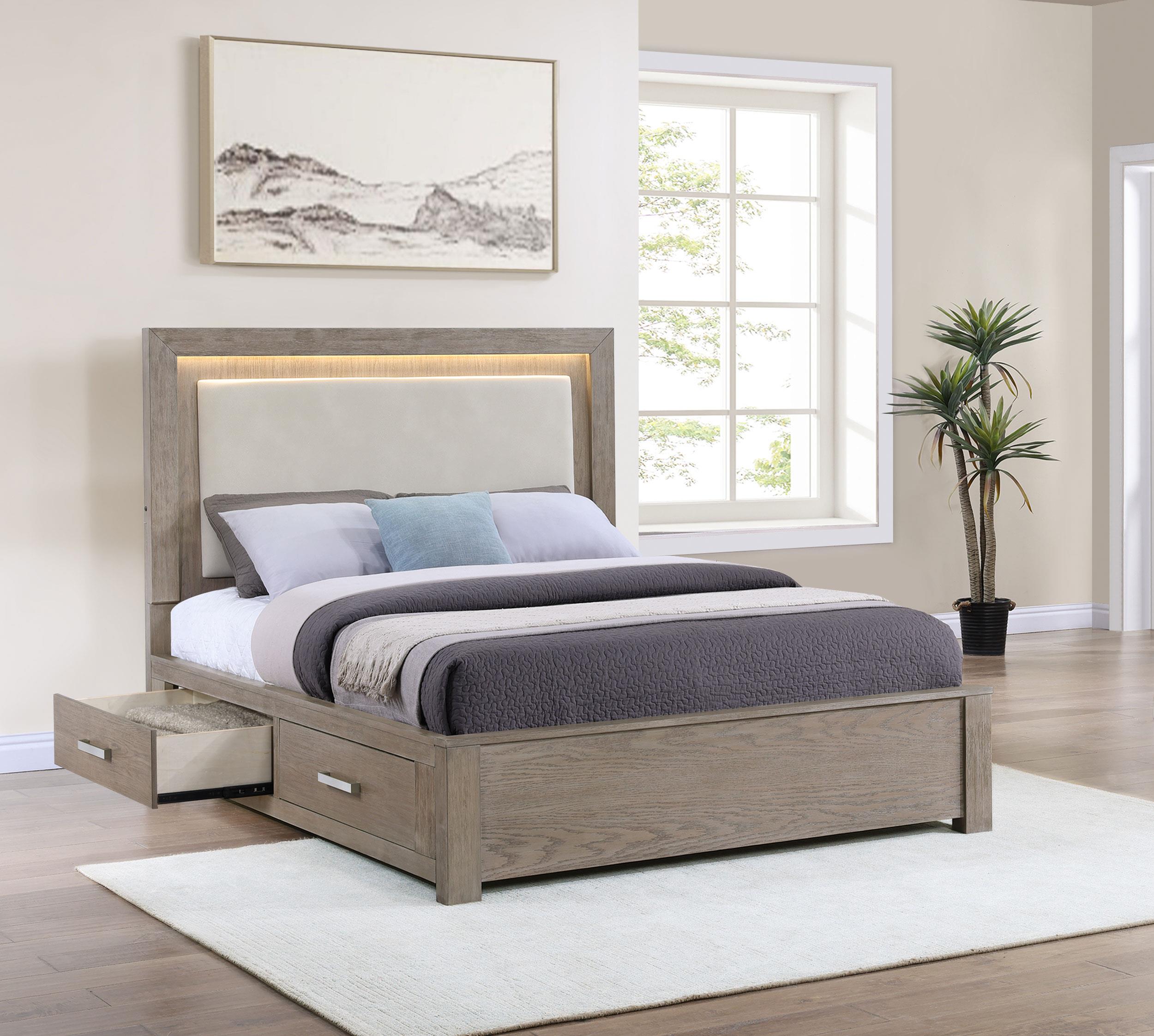 Kenora 56-inch Eastern King LED Storage Bed Barley Brown - 224850KE