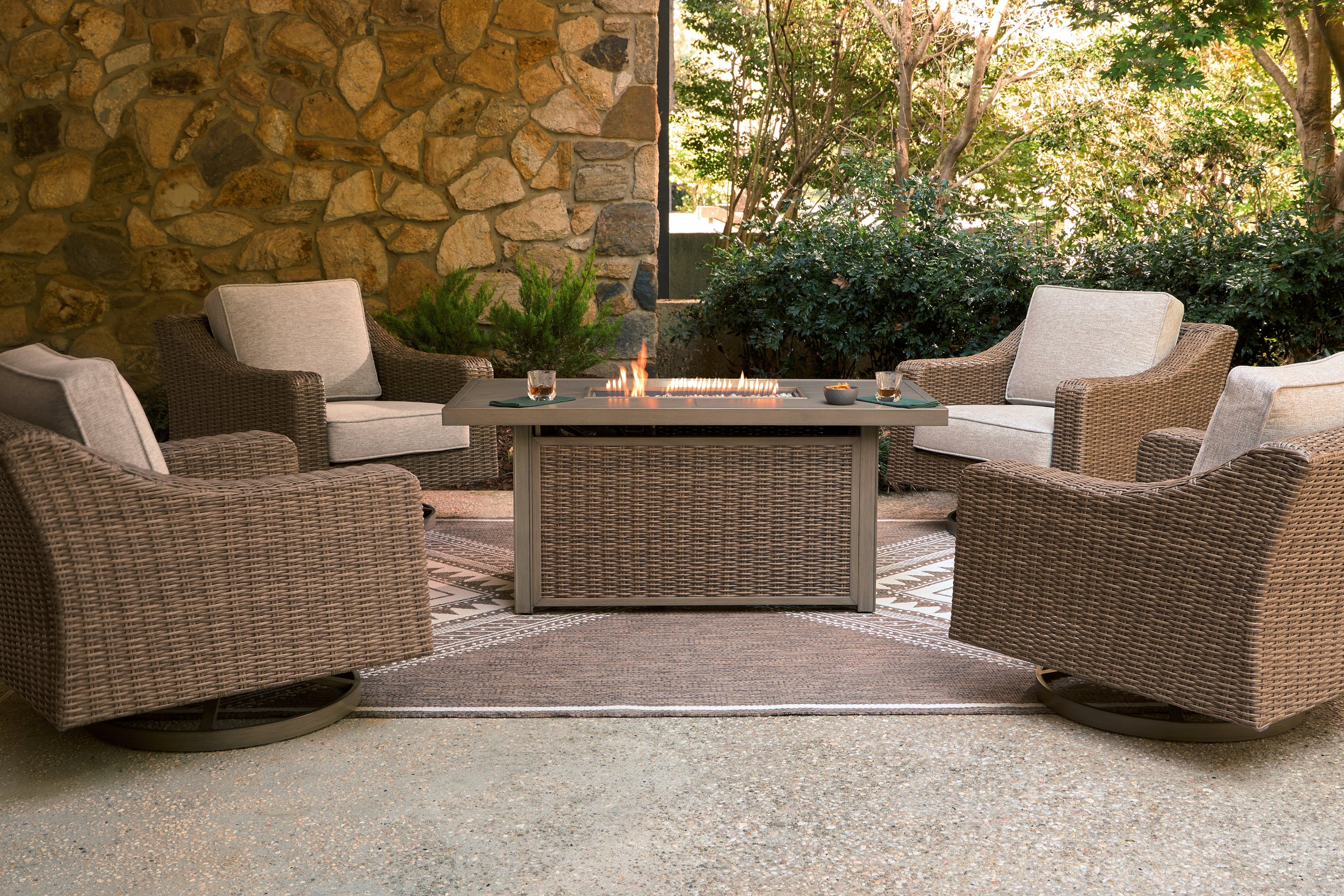 Laguna Heights Outdoor Fire Pit Table and 4 Chairs in Beige from Ashley - Luna Furniture
