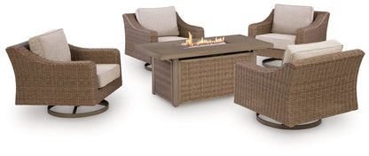 Laguna Heights Outdoor Fire Pit Table and 4 Chairs in Beige from Ashley - Luna Furniture