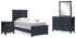 Landocken Twin Panel Bed with Mirrored Dresser and 2 Nightstands in Brown/Blue - PKG020321