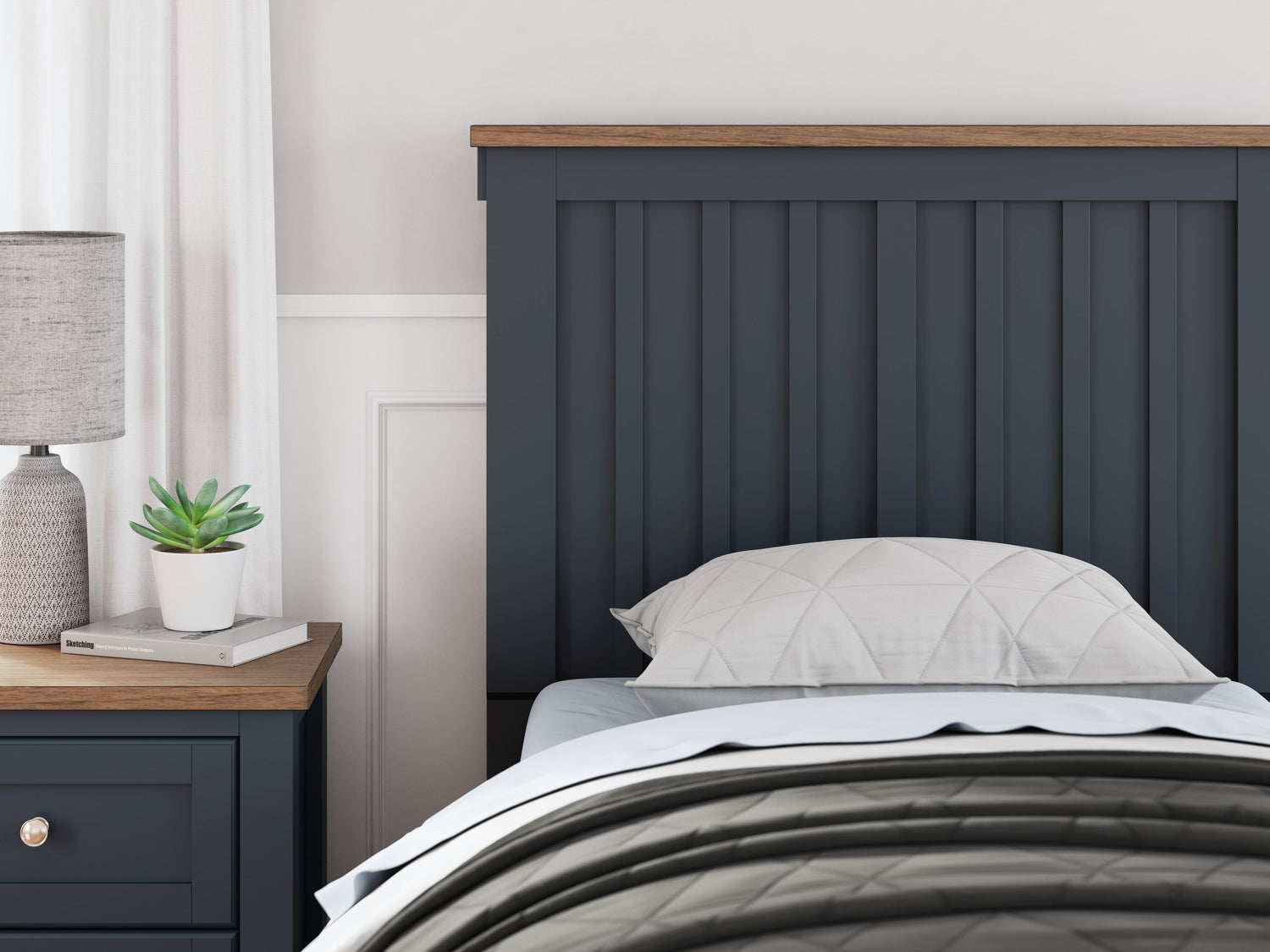 Landocken Twin Panel Headboard with Mirrored Dresser and Nightstand in Brown/Blue from Ashley - Luna Furniture