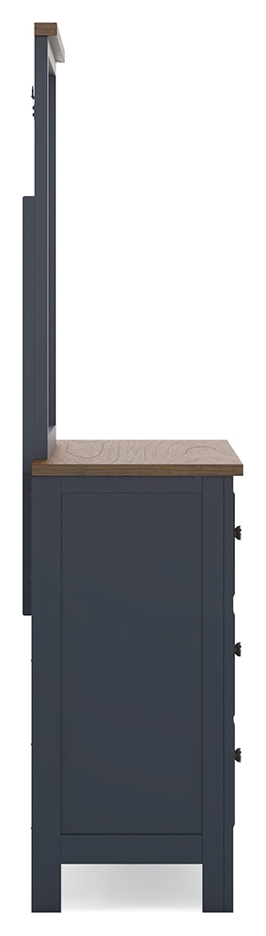 Landocken Twin Panel Headboard with Mirrored Dresser, Chest and 2 Nightstands in Brown/Blue from Ashley - Luna Furniture