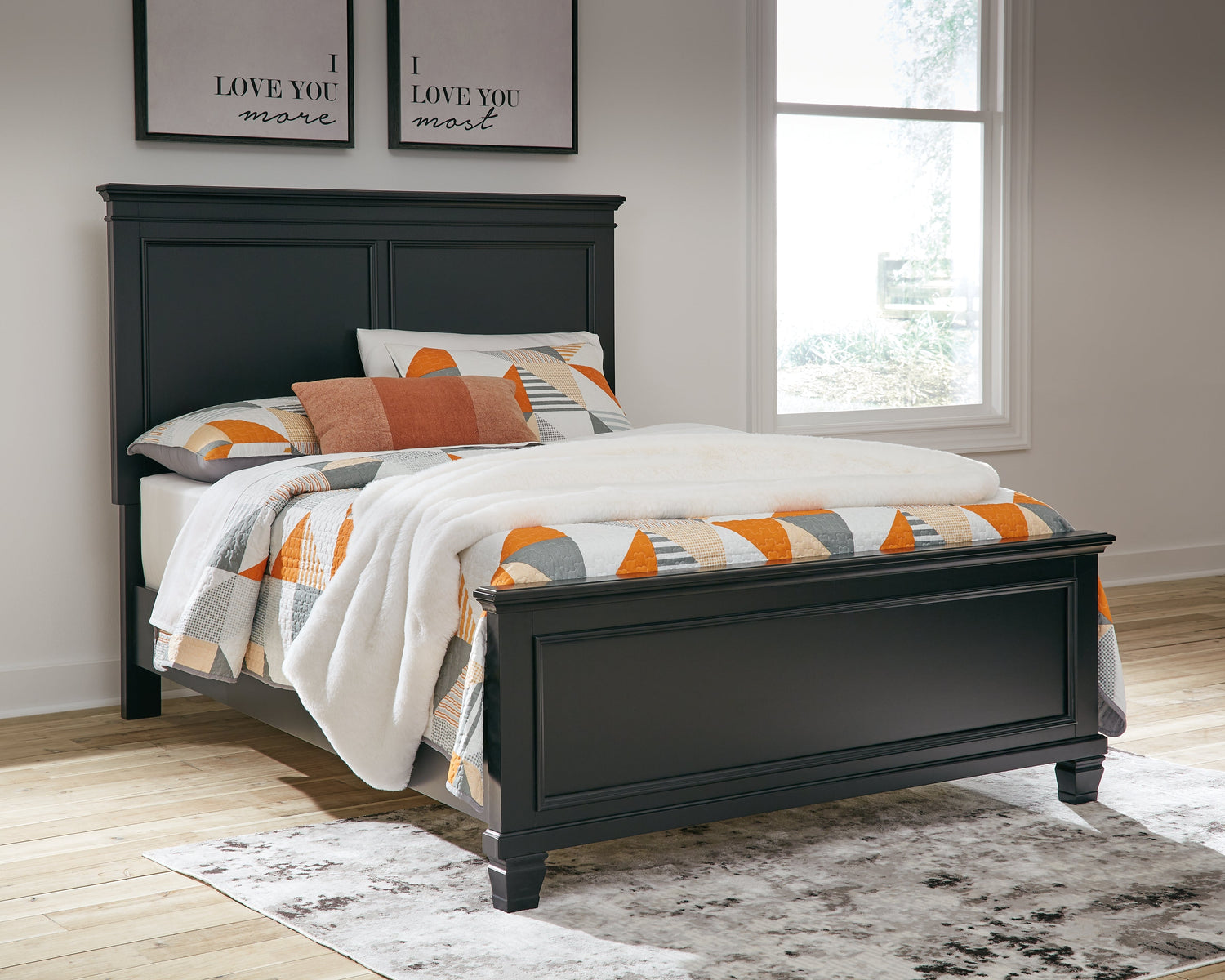 Lanolee Full Panel Bed with Mirrored Dresser, Chest and Nightstand in Black - PKG015216