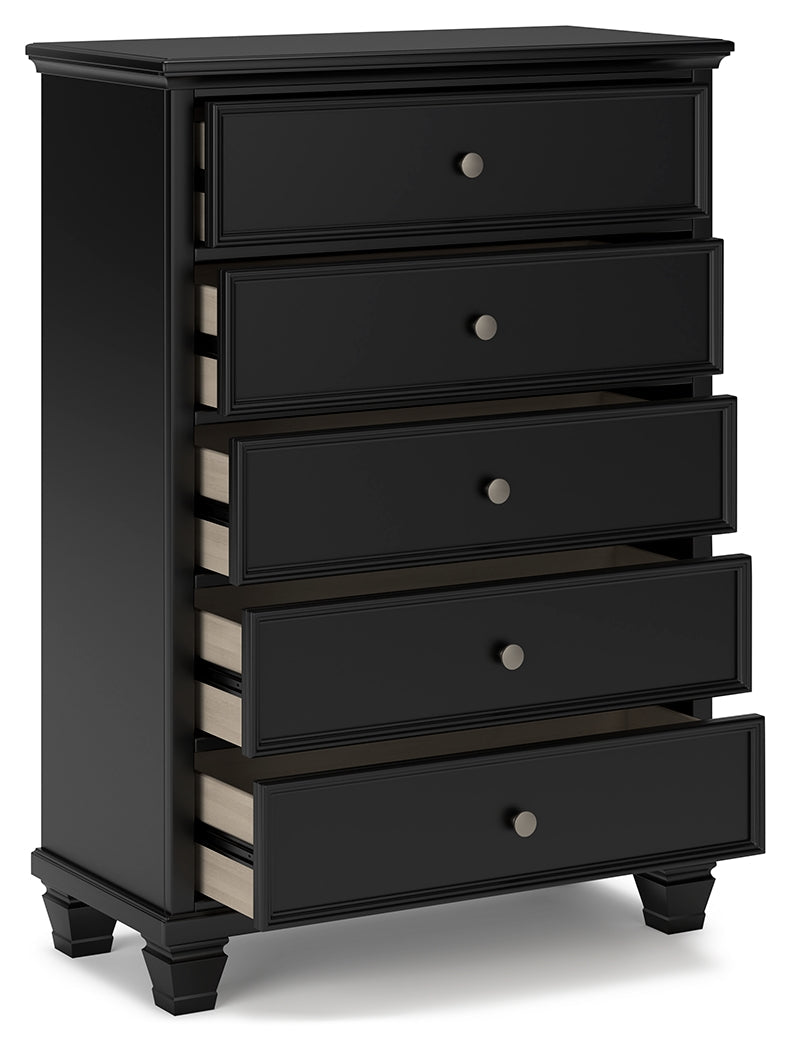Lanolee King Panel Bed with Mirrored Dresser, Chest and 2 Nightstands in Black from Ashley - Luna Furniture