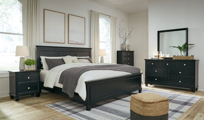 Lanolee King Panel Bed with Mirrored Dresser, Chest and 2 Nightstands in Black from Ashley - Luna Furniture