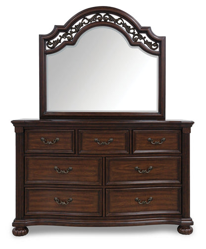 Lavinton California King Poster Bed with Mirrored Dresser and Chest in Brown from Ashley - Luna Furniture