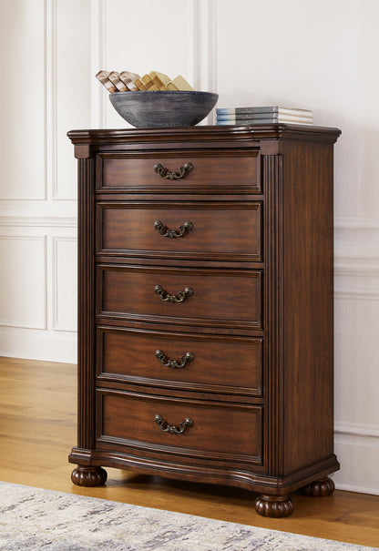 Lavinton King Poster Bed with Mirrored Dresser and Chest in Brown from Ashley - Luna Furniture