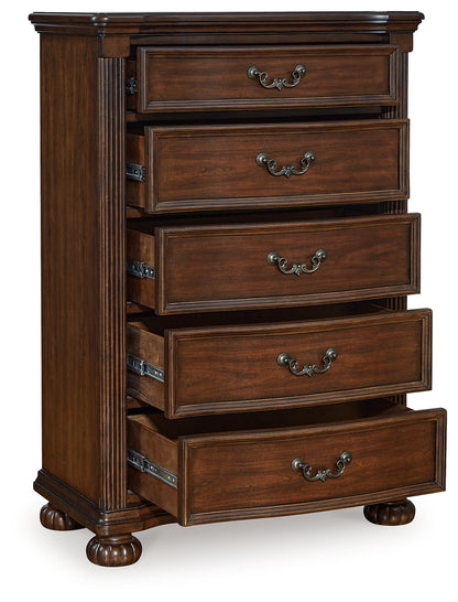 Lavinton King Poster Bed with Mirrored Dresser and Chest in Brown from Ashley - Luna Furniture