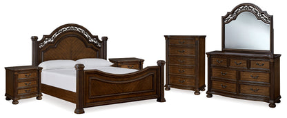 Lavinton King Poster Bed with Mirrored Dresser, Chest and 2 Nightstands in Brown from Ashley - Luna Furniture