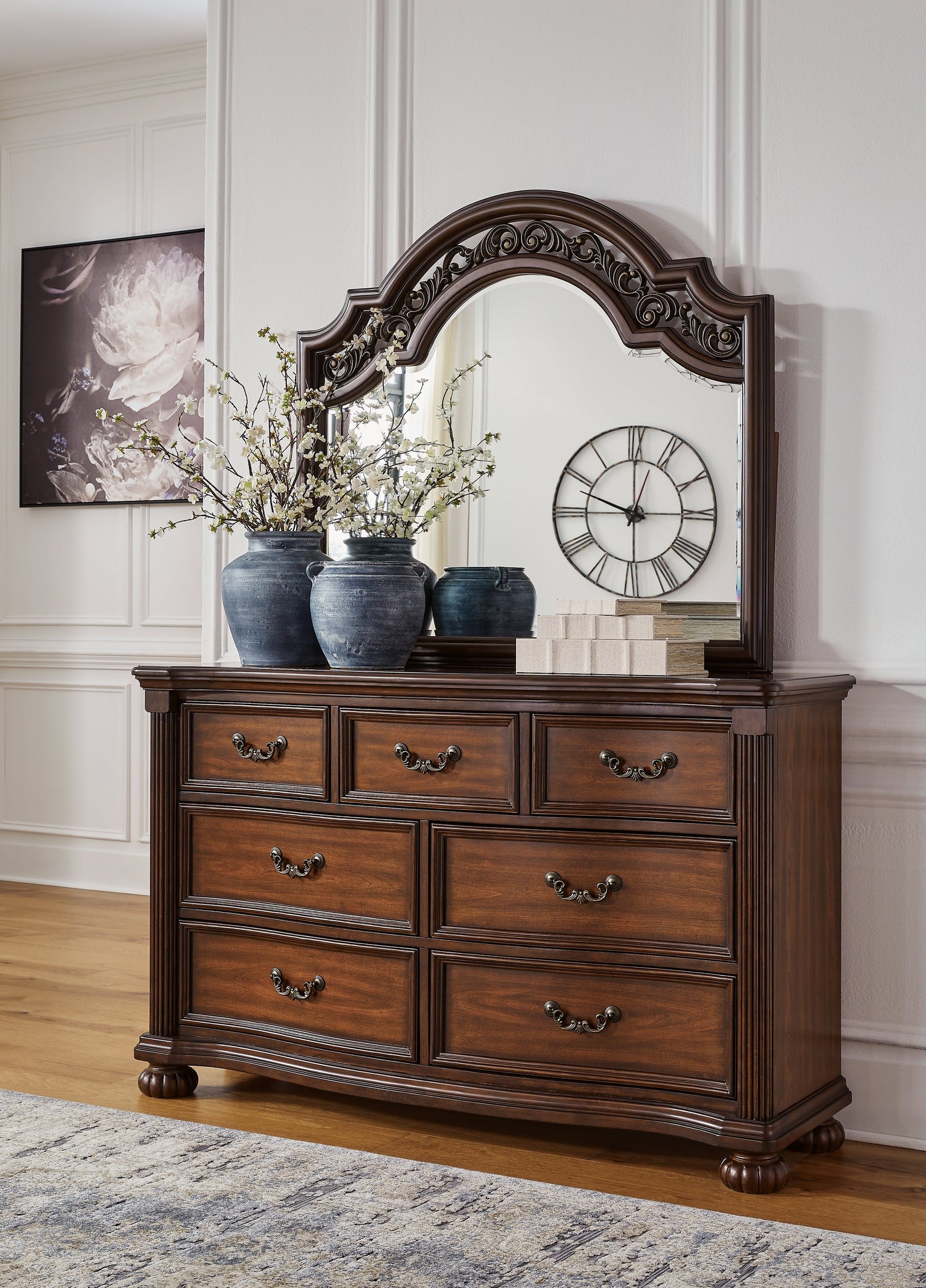 Lavinton King Poster Bed with Mirrored Dresser, Chest and 2 Nightstands in Brown - PKG016867