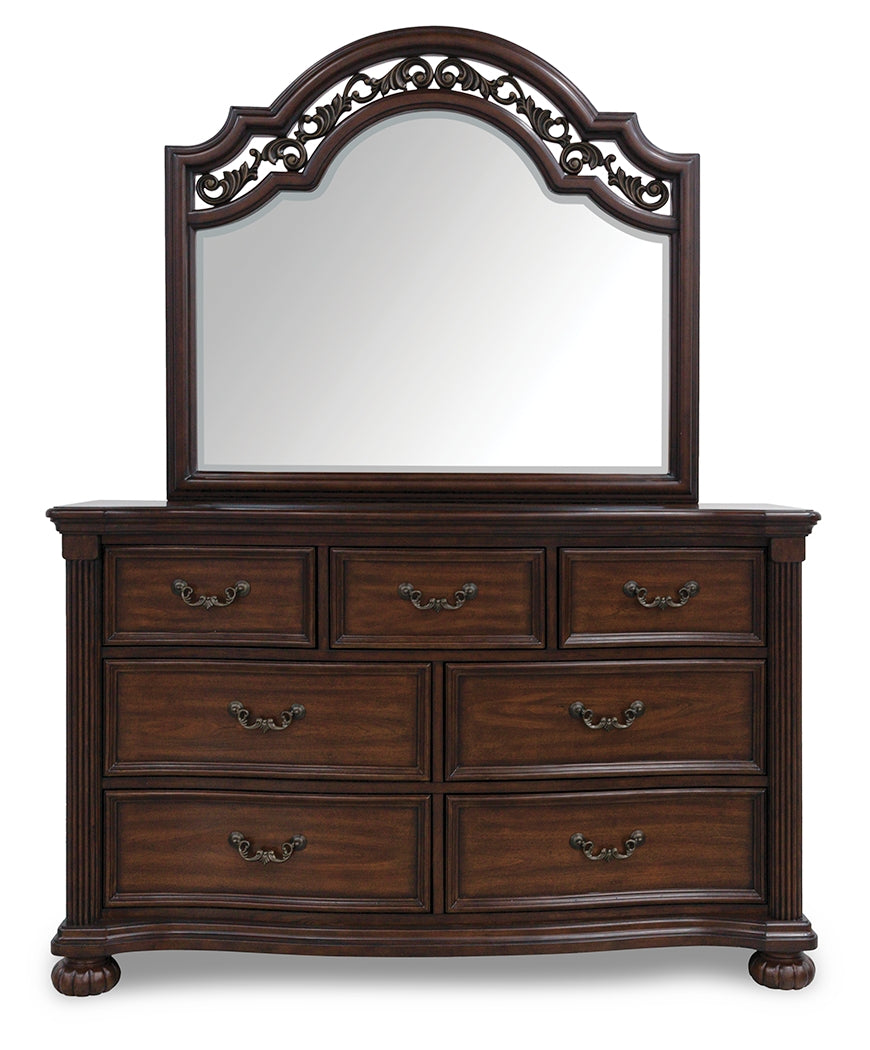 Lavinton Queen Poster Bed with Mirrored Dresser and 2 Nightstands in Brown from Ashley - Luna Furniture