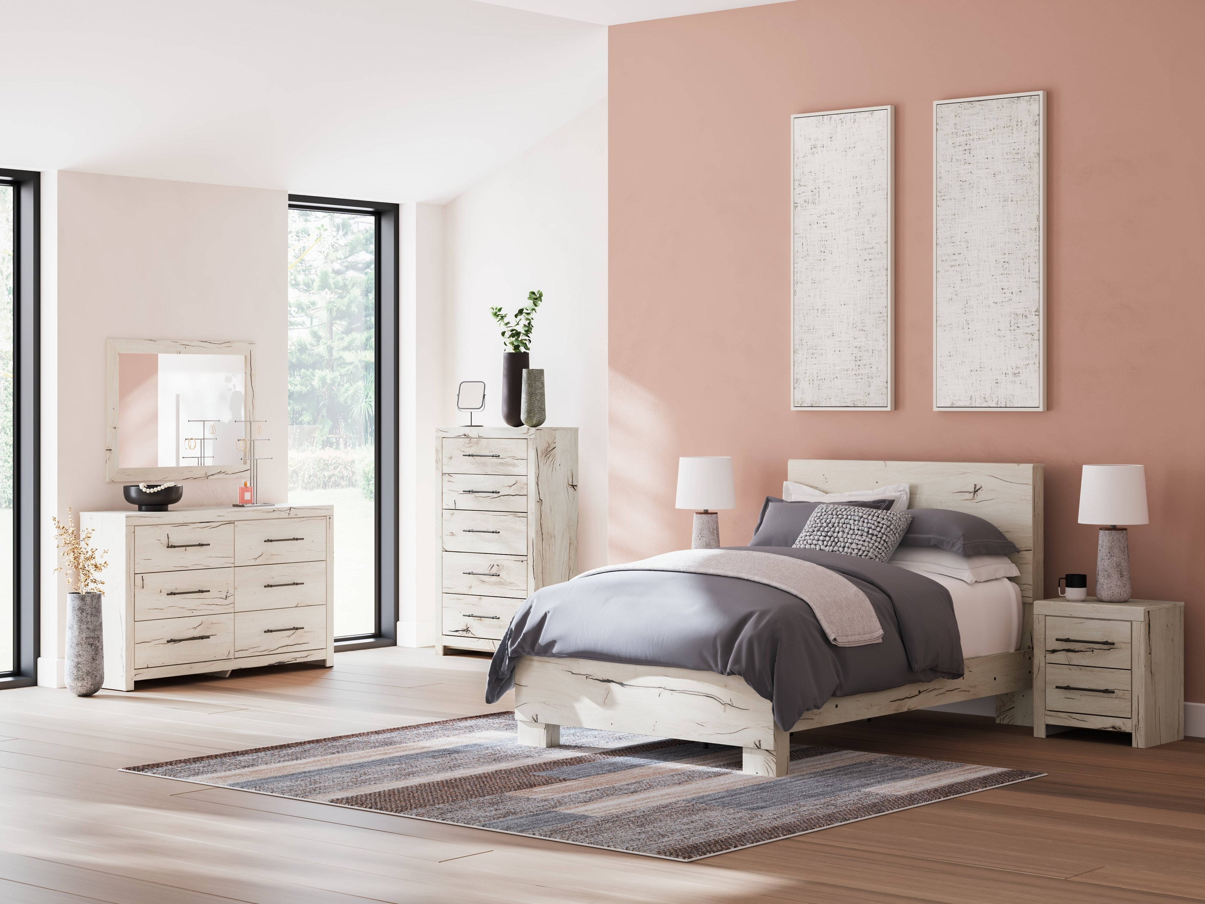 Lawroy Full Panel Bed with Mirrored Dresser, Chest and 2 Nightstands in Light Natural from Ashley - Luna Furniture