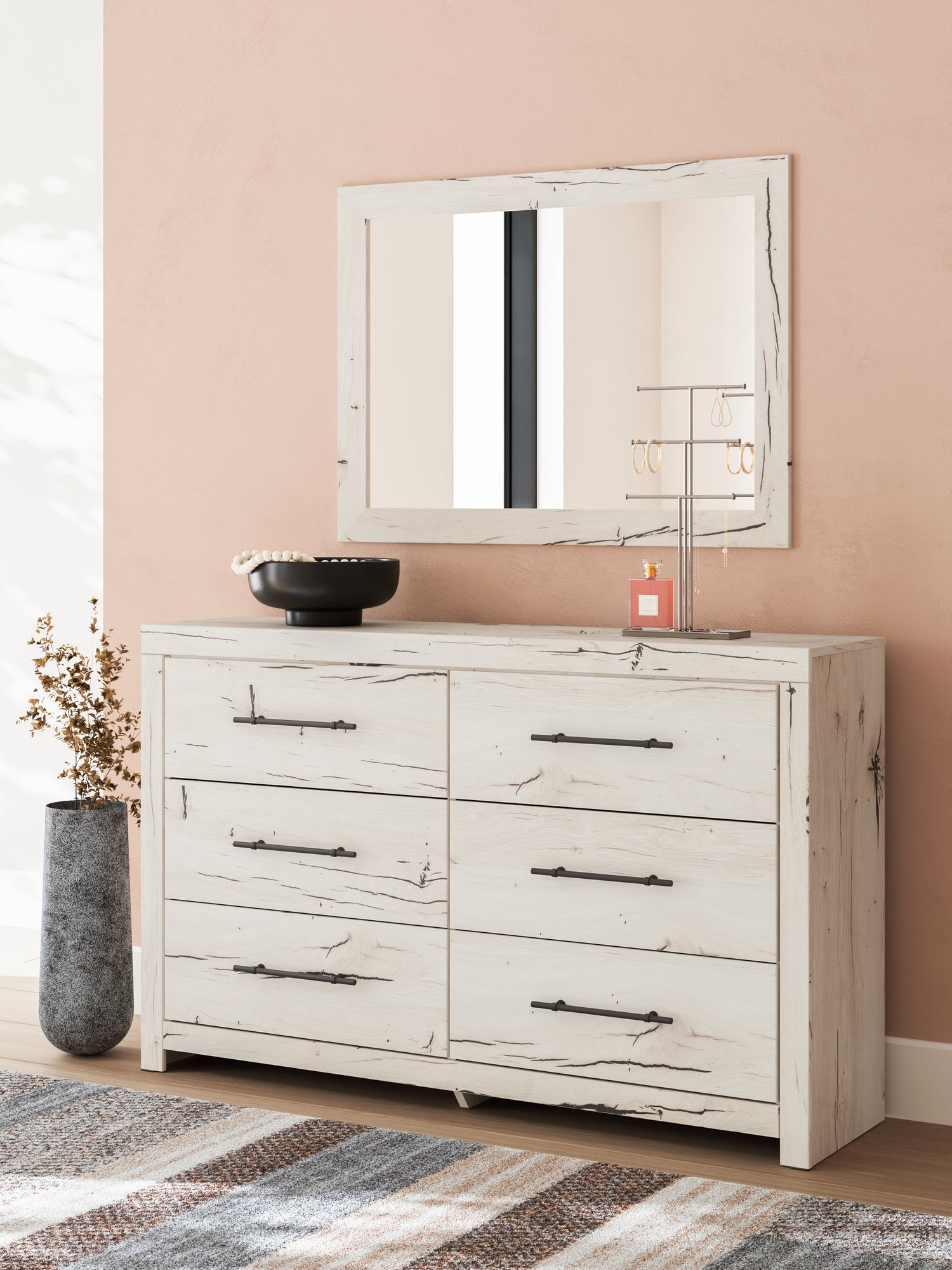 Lawroy Full Panel Headboard with Mirrored Dresser, Chest and 2 Nightstands in Light Natural from Ashley - Luna Furniture