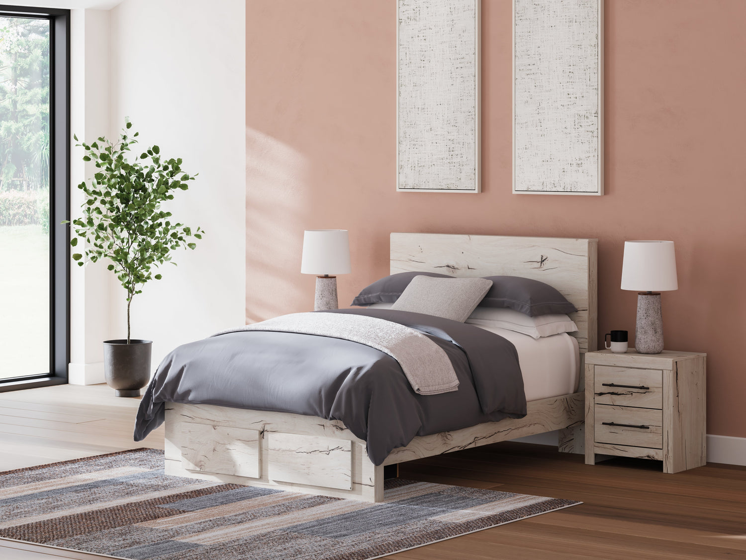 Lawroy Full Panel Storage Bed with Dresser and 2 Nightstands in Light Natural from Ashley - Luna Furniture