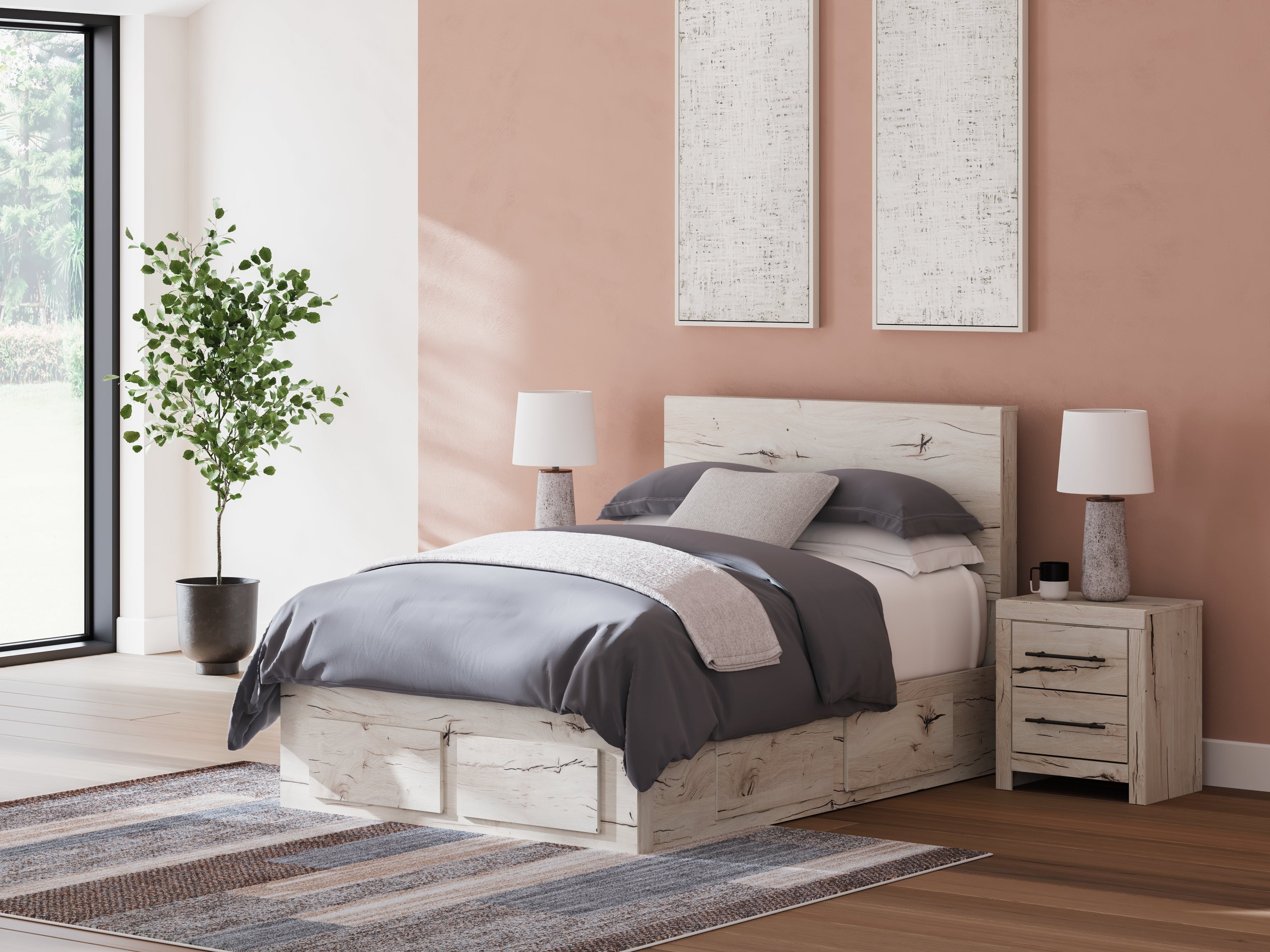 Lawroy Full Panel Storage Bed with Mirrored Dresser and Nightstand in Light Natural from Ashley - Luna Furniture