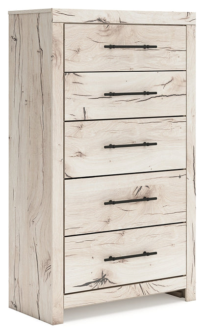 Lawroy King Panel Bed with Mirrored Dresser and Chest in Light Natural from Ashley - Luna Furniture