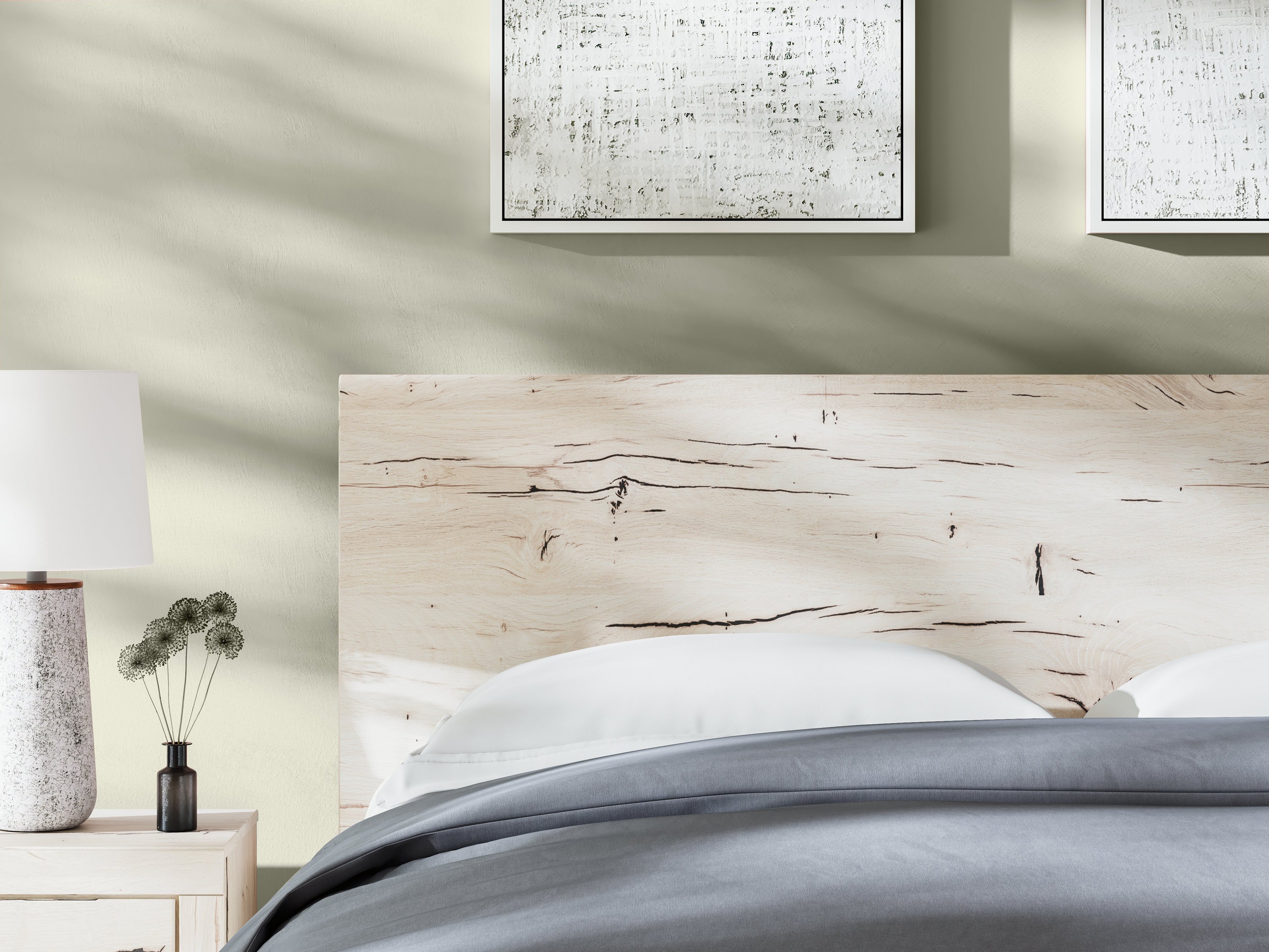 Lawroy King Panel Bed with Mirrored Dresser and Chest in Light Natural from Ashley - Luna Furniture