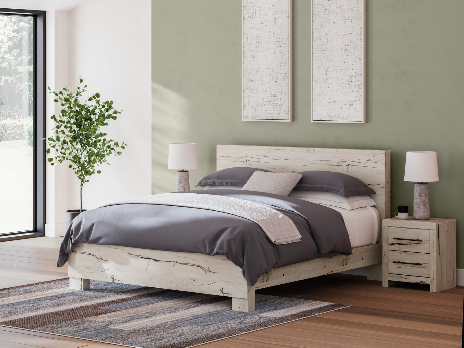 Lawroy King Panel Bed with Mirrored Dresser and Chest in Light Natural from Ashley - Luna Furniture