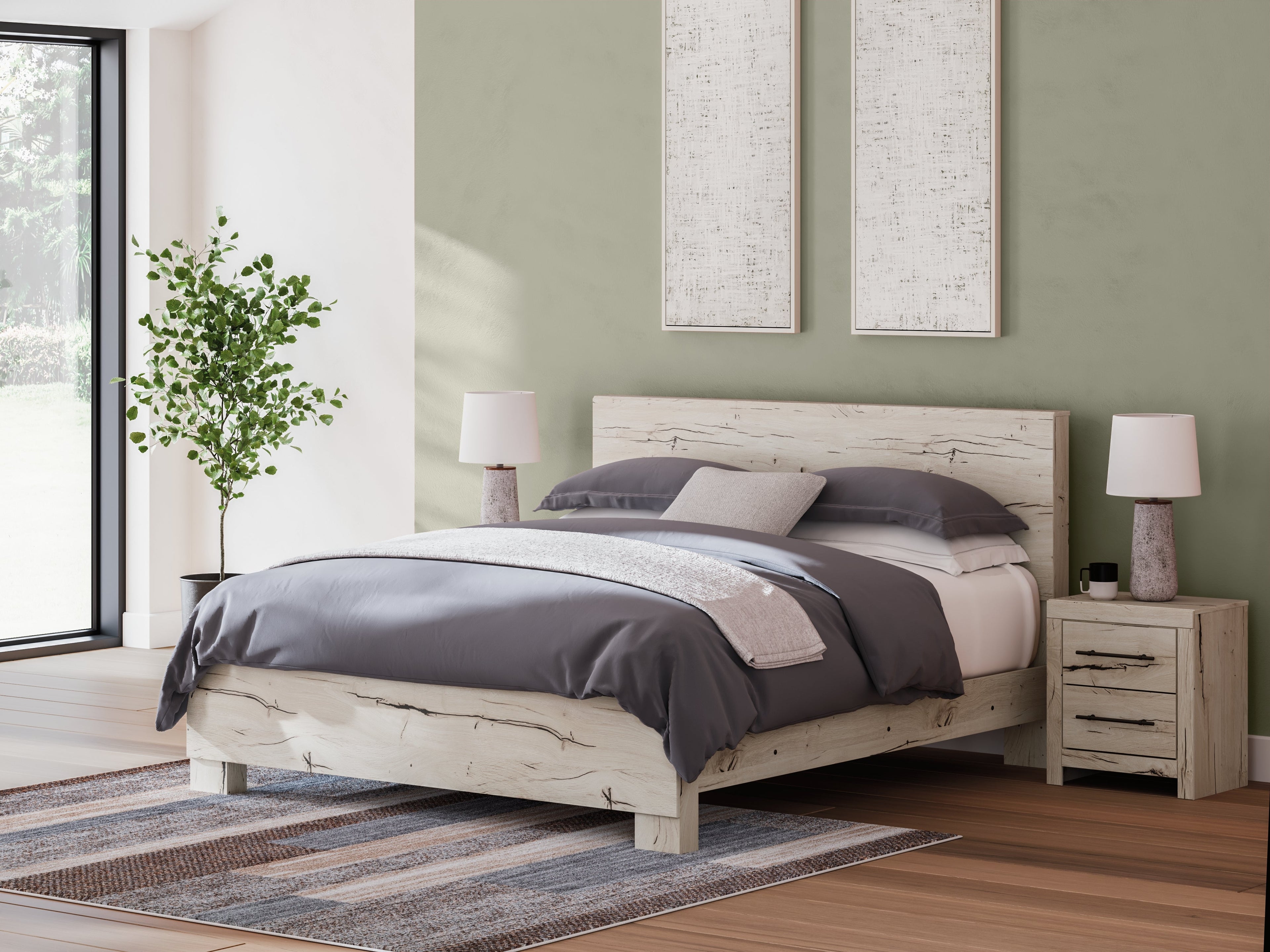 Lawroy King Panel Bed with Mirrored Dresser and Chest in Light Natural from Ashley - Luna Furniture