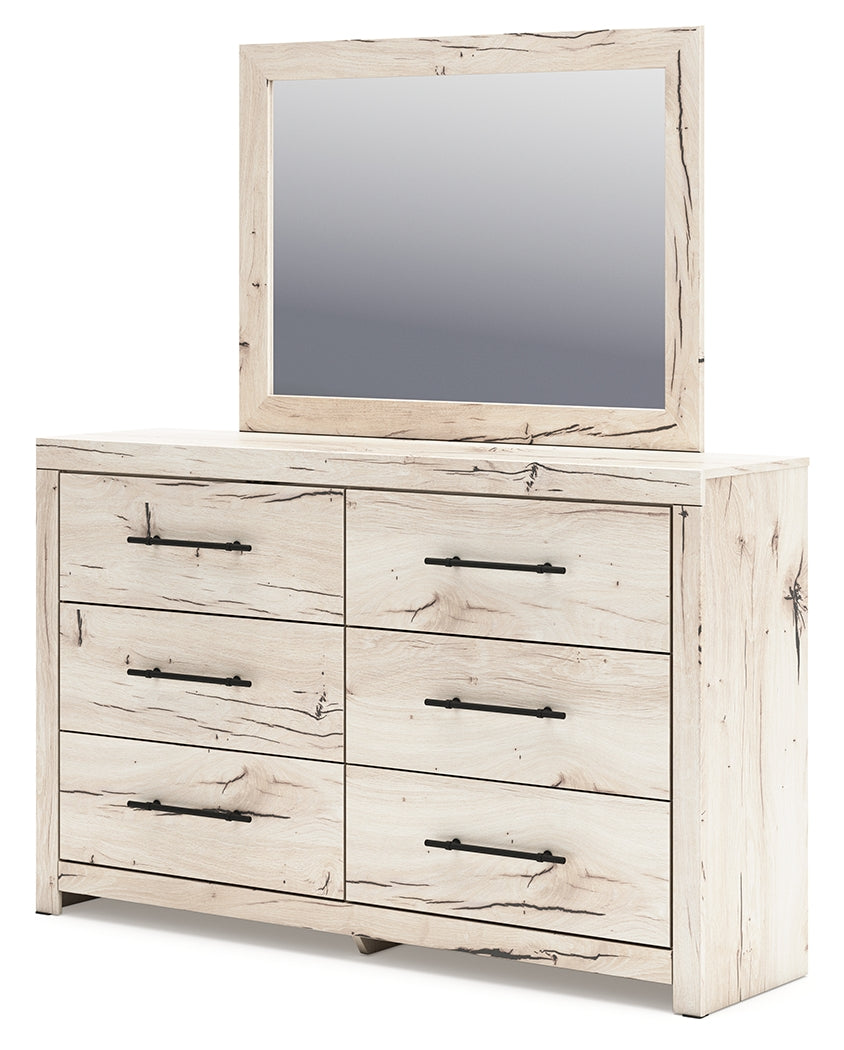 Lawroy King Panel Bed with Mirrored Dresser and Chest in Light Natural from Ashley - Luna Furniture