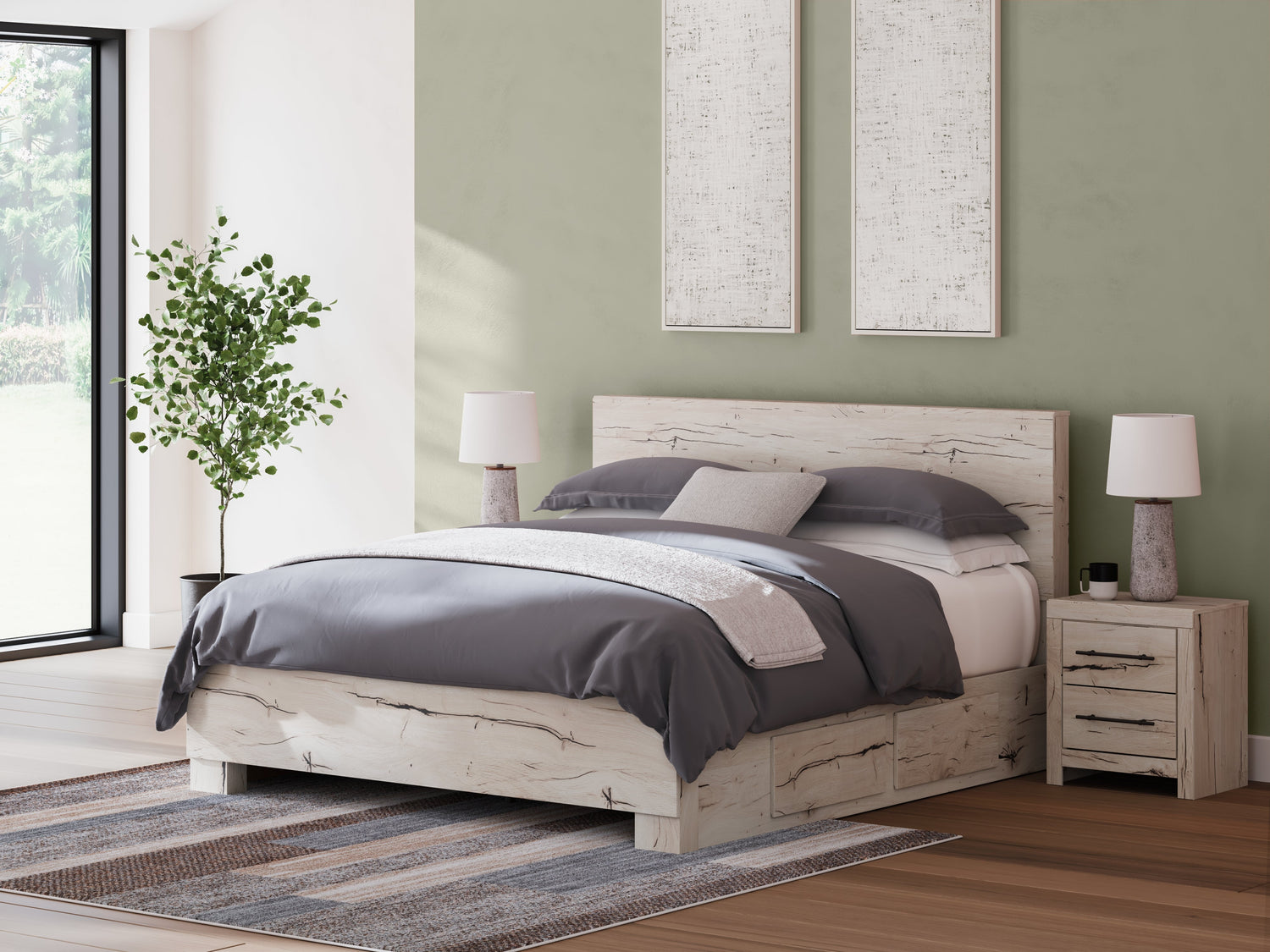 Lawroy King Panel Bed with Mirrored Dresser and Nightstand in Light Natural from Ashley - Luna Furniture