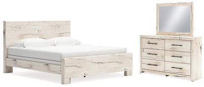 Lawroy King Panel Bed with Mirrored Dresser in Light Natural - PKG020167