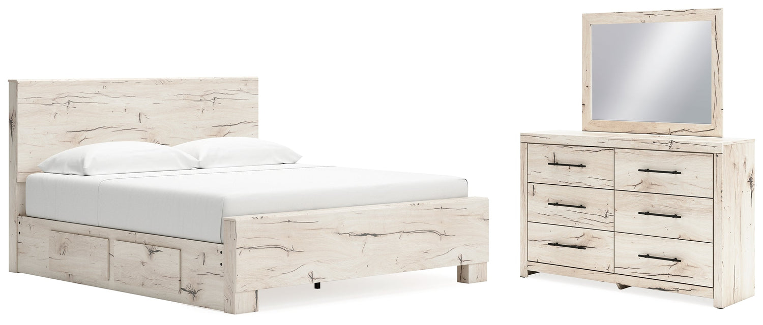 Lawroy King Panel Bed with Mirrored Dresser in Light Natural from Ashley - Luna Furniture