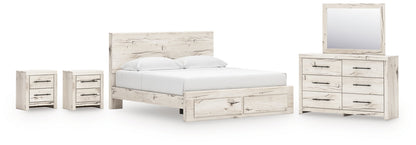 Lawroy King Panel Storage Bed with Mirrored Dresser and 2 Nightstands in Light Natural from Ashley - Luna Furniture