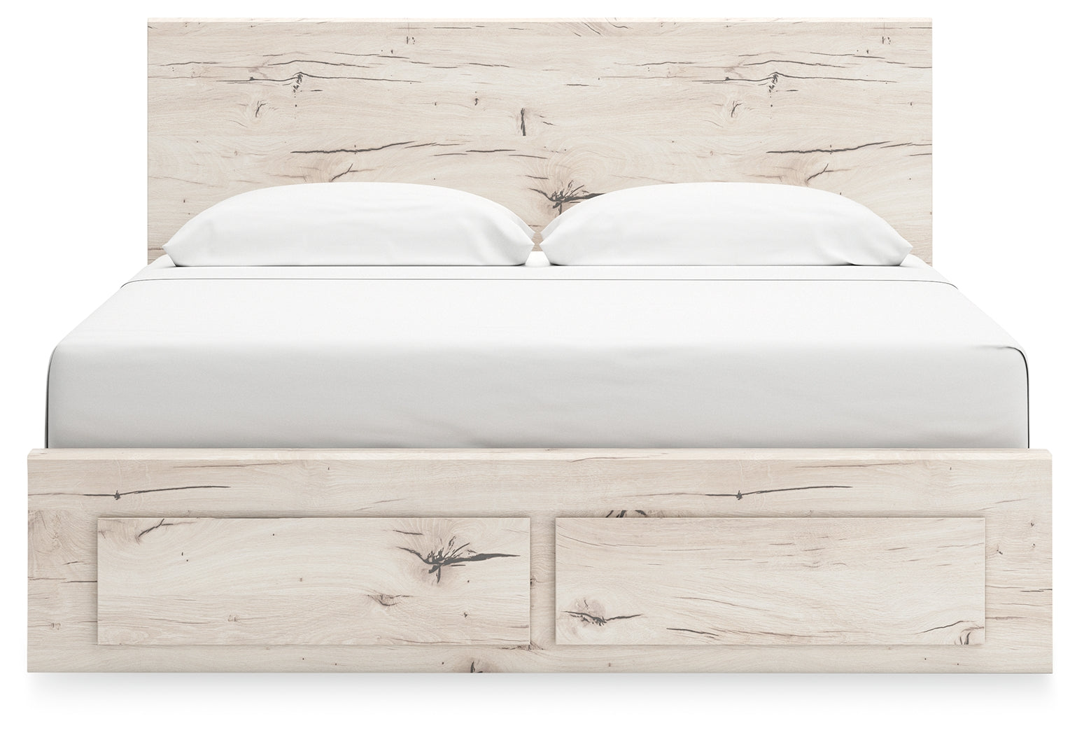 Lawroy King Panel Storage Bed with Mirrored Dresser, Chest and Nightstand in Light Natural from Ashley - Luna Furniture
