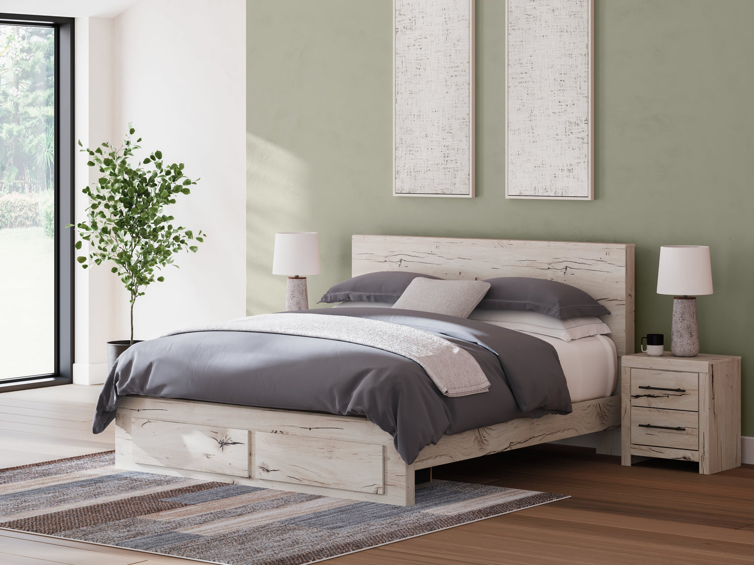Lawroy King Panel Storage Bed with Mirrored Dresser, Chest and Nightstand in Light Natural from Ashley - Luna Furniture