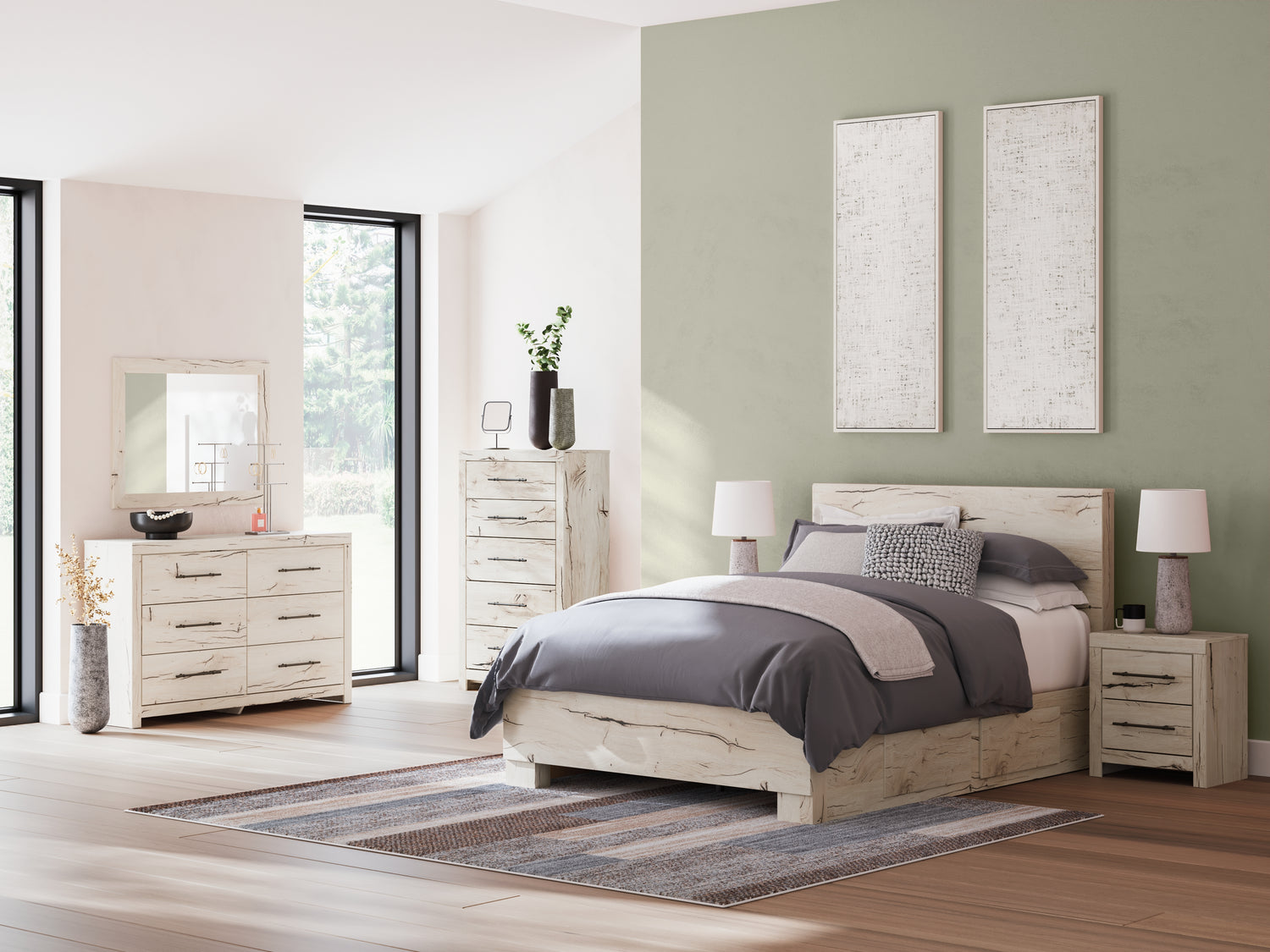 Lawroy Light Natural Queen Panel Bed with Storage, Dresser and Mirror - B2310B29