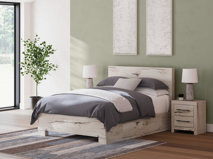 Lawroy Queen Panel Bed with Mirrored Dresser and Nightstand in Light Natural from Ashley - Luna Furniture